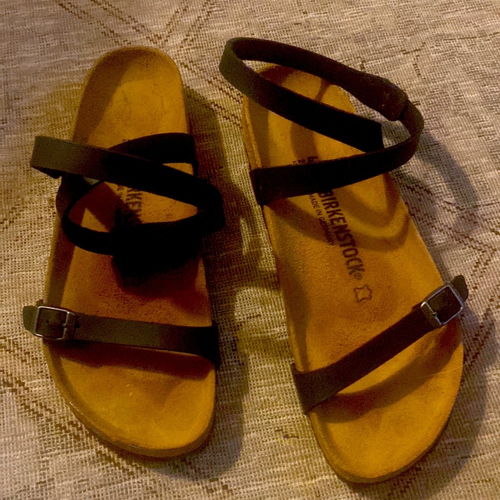 Black Birkenstock ankle wrap sandals